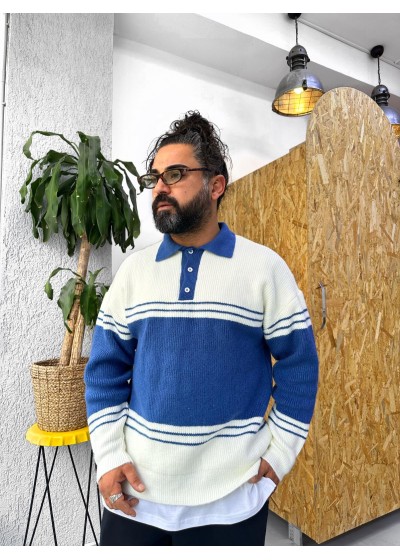 OVERSİZE YAKALI ÇİZĞİ DESENLİ PAMUK TRİKO