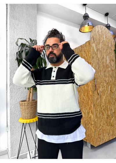 OVERSİZE YAKALI ÇİZĞİ DESENLİ PAMUK TRİKO