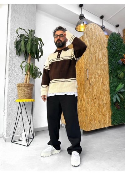 OVERSİZE YAKALI ÇİZĞİ DESENLİ PAMUK TRİKO