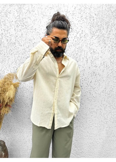 MODÜL ÇİZĞİLİ OVERSİZE KETEN GÖMLEK