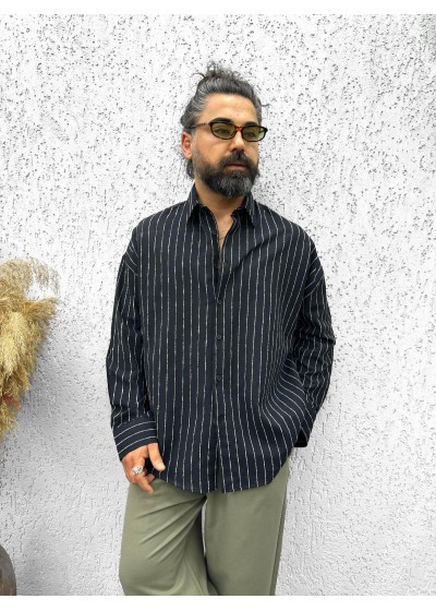 MODÜL ÇİZĞİLİ OVERSİZE KETEN GÖMLEK