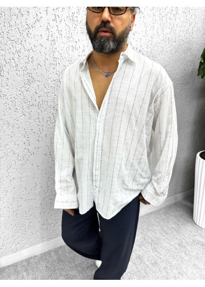 PAMUK KETEN ÇİZGİLİ OVERSİZE GÖMLEK