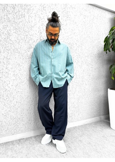 PAMUK KETEN ÇİZGİLİ OVERSİZE GÖMLEK