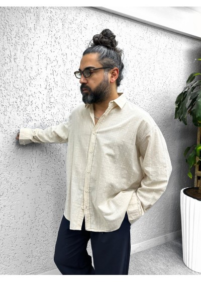 PAMUK KETEN ÇİZGİLİ OVERSİZE GÖMLEK